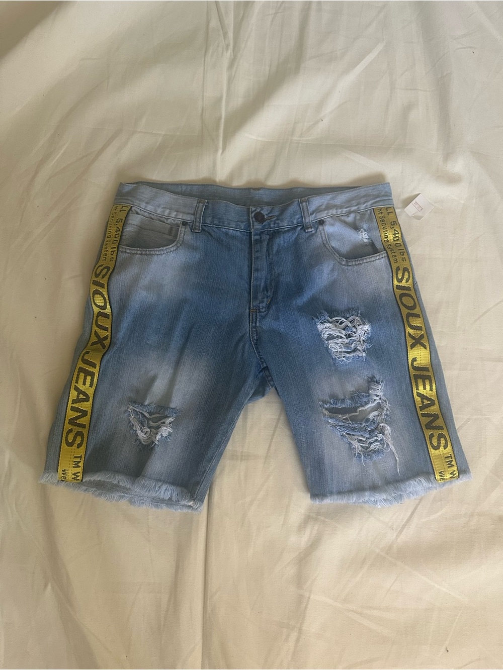 Sioux Light Blue Distressed Denim Shorts with Yellow Side Tape. Size 36